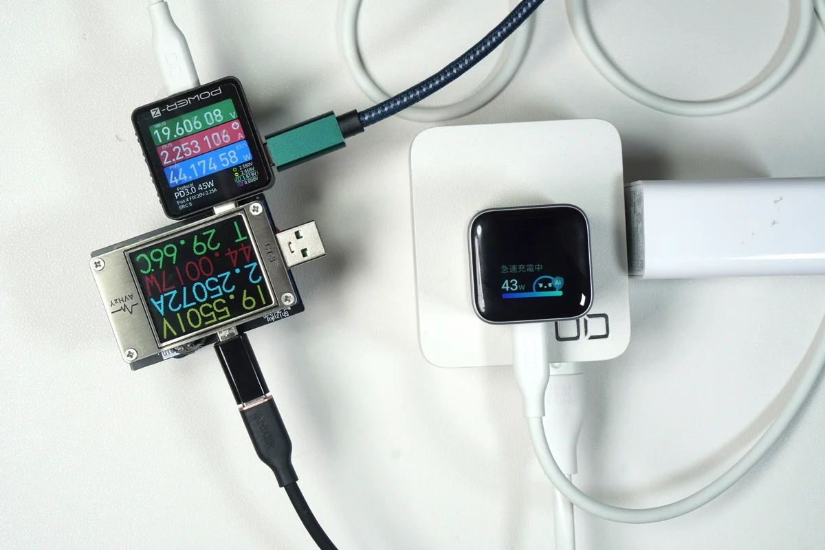 POWER-ZとAVHzY ShizukuでAnker Nano Chargerの45W PD出力を同時計測している様子