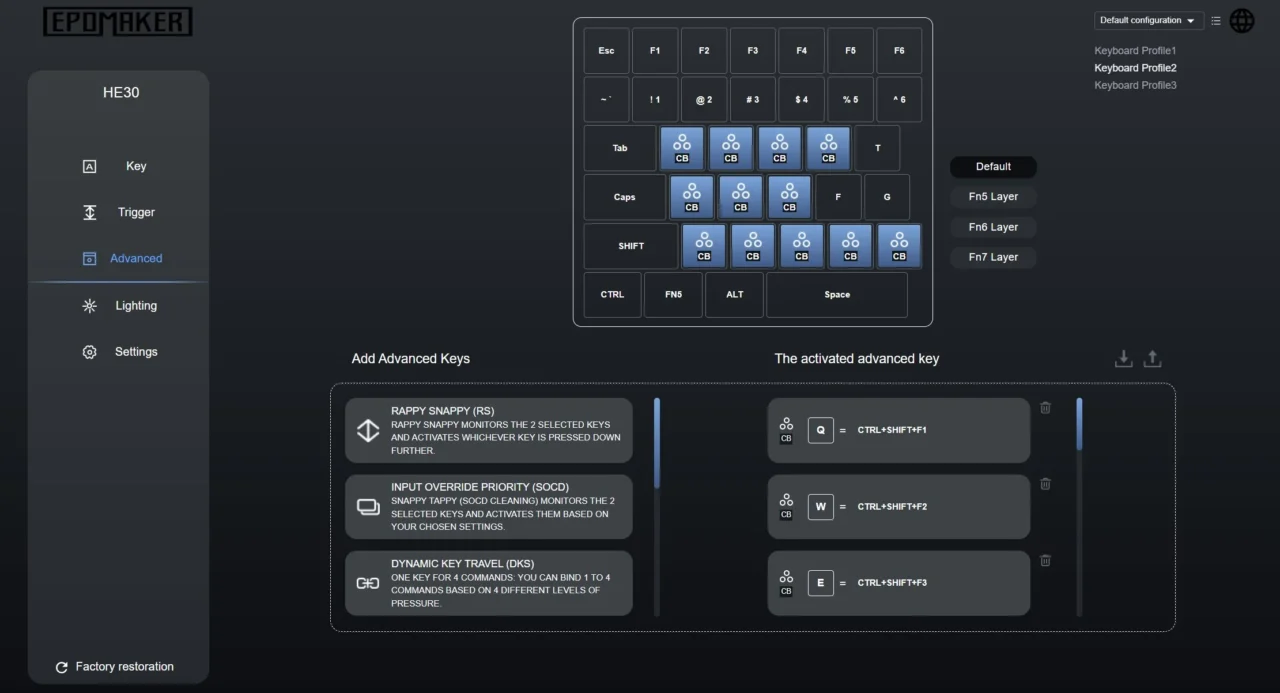 EPOMAKER HE30のArbiterWeb高度機能（Rappy Snappy・SOCD・Dynamic Key Travel）の設定画面