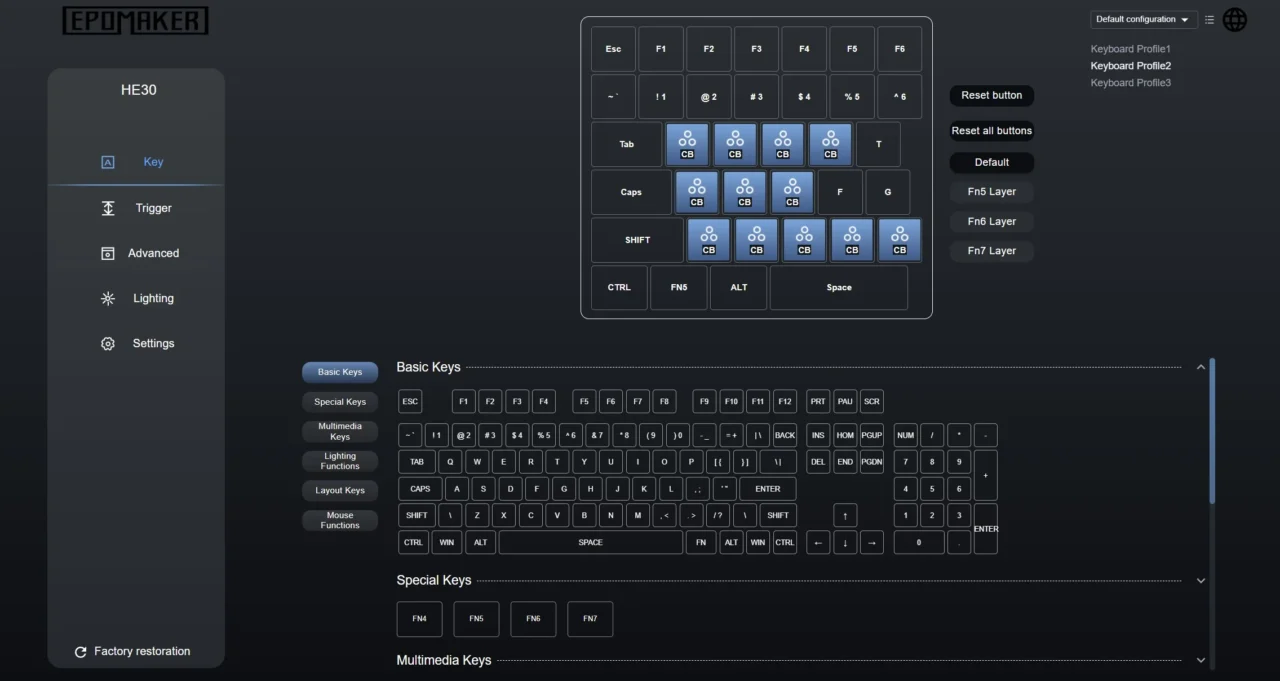 EPOMAKER HE30のArbiterWebでキーリマップ（基本キー一覧表示）を行う画面