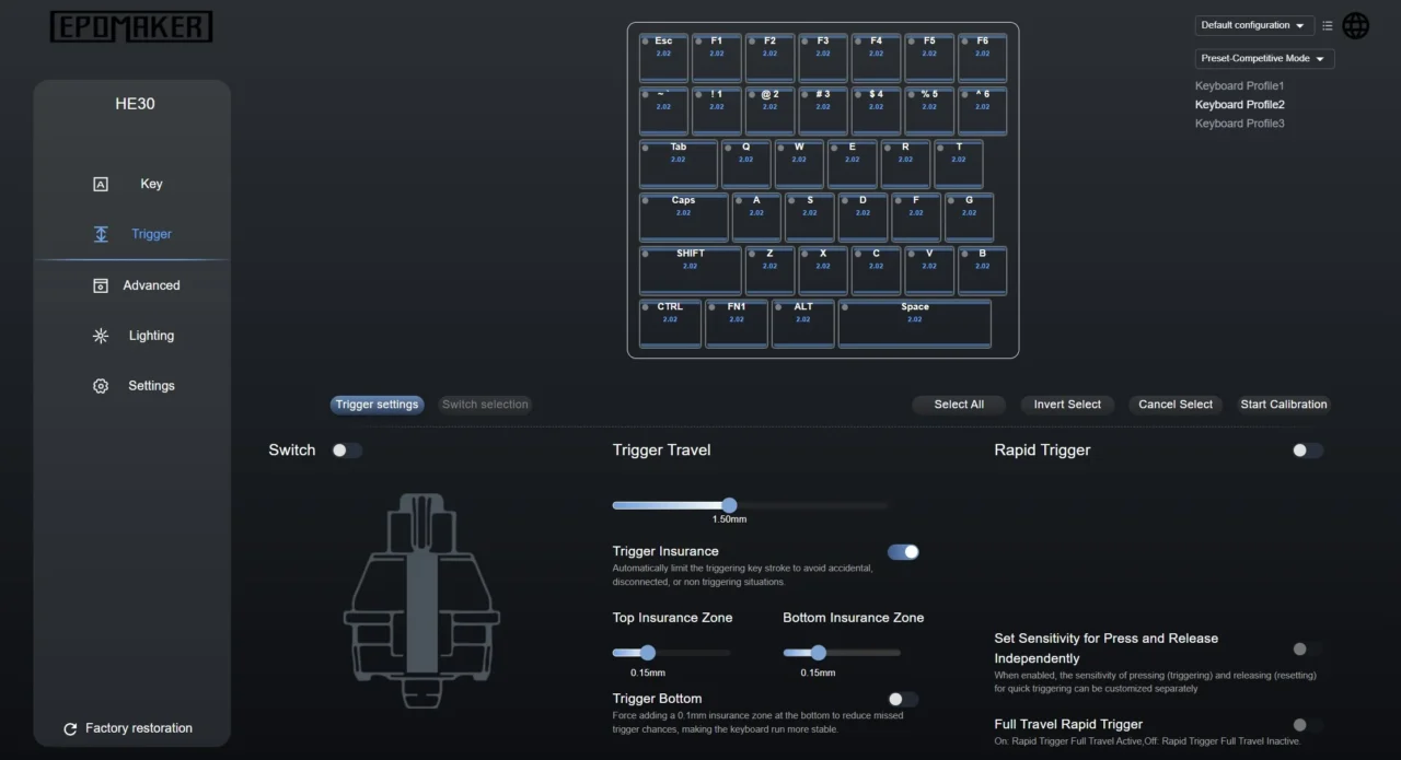 EPOMAKER HE30のArbiterWebでアクチュエーションポイントを設定する画面