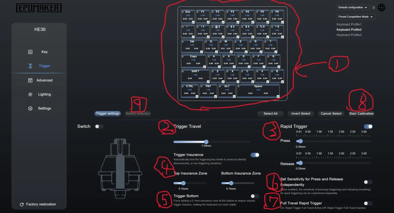 EPOMAKER HE30のArbiterWebトリガー設定画面に番号①〜⑨で各機能を解説した図