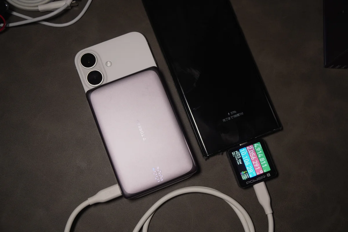 TORRAS MiniMag Proを電力計に接続して出力を測定している様子