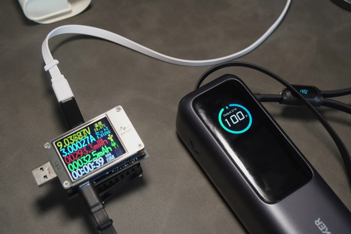 Anker Power Bank(25000mAh, 165W)のUSB-Aポートの出力を電力計で計測している写真