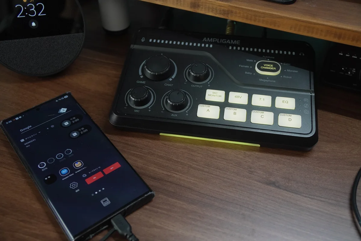 FIFINE AmpliGame SC8をGalaxy（Android）にUSB-Cケーブル1本で接続した写真