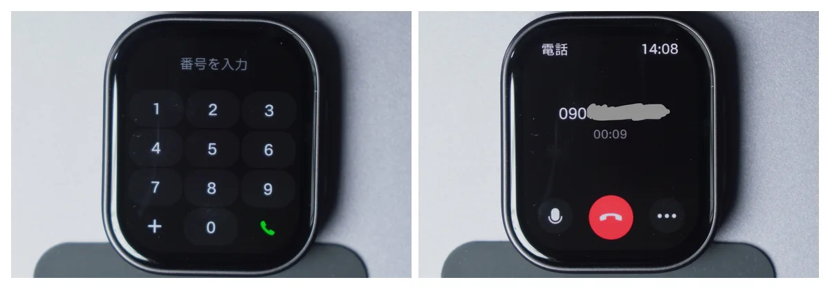 Redmi Watch 6 Liteのダイヤル画面と通話中の画面を並べた写真