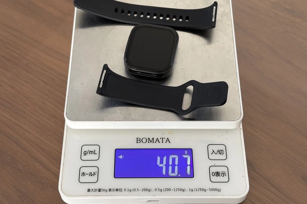 Redmi Watch 6 Liteをバンド込みで重さを測った写真(40.7g)